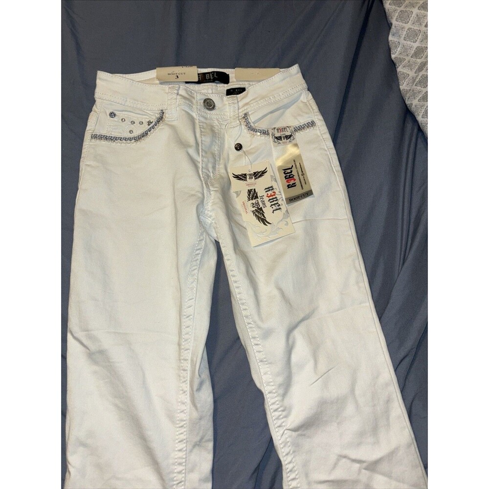 Rebel Jeans Women's Size 3 Boot Cut White Jeweled Embroidered Jeans New W/ Tags